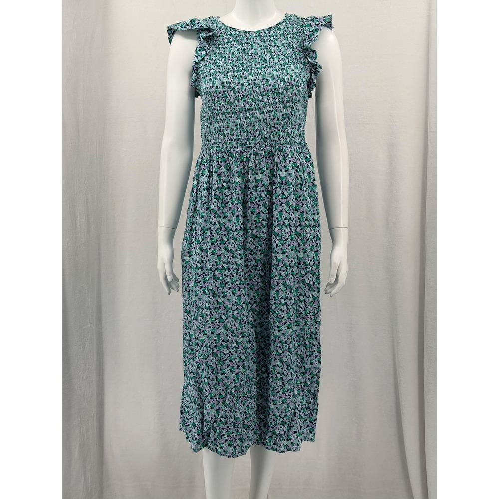 A New Day Dress Womens Small Green Purple Floral Smocked Fit & Flare Midi Ruffle